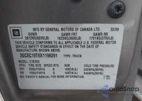 1999 Chevrolet Silverado 1500 Lt из США, поврежденный, VIN 2GCEC19T6X1198291